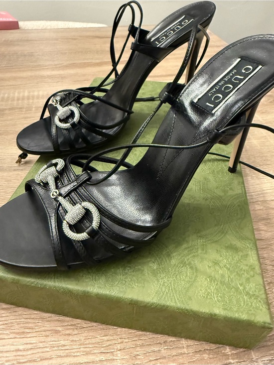 Gucci Shoes - Gucci Black Leather Crystal Horsebit Lace-Up Heels